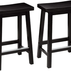 AmazonBasics solid wood saddle-seat kitchen counter bar stools with footrest, black finish, set of two, 24-inch height