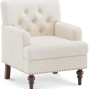 Upholstered Accent Chair with Thick Cushion, High Back Reading Chair, Linen Blend Armchair with Solid Rubberwood Legs for Living Room, Bedroom, Reading Nook, Apartment & Small Spaces,Beige