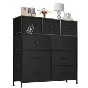 Dresser for Bedroom with 9 Drawers, Anti-Tip Tall Fabric Chests Storage Organizer Tower Furniture with Wooden Top Metal Frame for Clothes, Closet, Living Room, Hallway, Entryway
