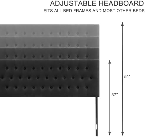 Tufted Upholstered Headboard Queen Size, Solid Wood Head Board with Durable Metal Legs, Adjustable Height Bed headboard from 37” to 51” Fabric Headboard in Modern Button Design (Black)