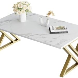 Coffee Table Living Room Table White Center Table, Simple Modern Faux Marble Rectangular Tea Tables with Sturdy Gold Metal Frame,Industrial Wooden Coffee Table for Bedroom Home Office