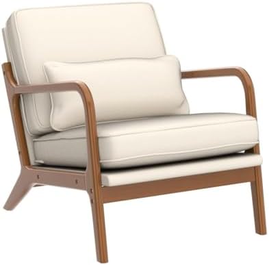 Karl home Accent Chair Mid-Century Modern Chair with Pillow Linen Fabric Upholstered Lounge Arm Chair with Solid Wood Frame & Soft Cushion for Living Room, Bedroom, Balcony, Beige