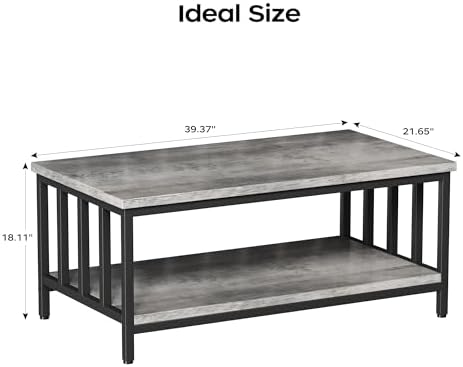Homeiju Coffee Table for Living Room with Slatted Sides Frame, Modern Farmhouse Living Room Table with 2-Tier Storage Shelf for Home Office, Apartment, 39 inch Grey Wash