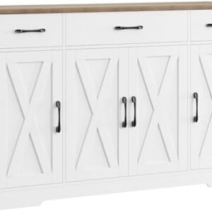 HOSTACK Buffet Cabinet with Drawers, 55" Large Sideboard Buffet Storage Cabinet with Shelves and Doors, Modern Farmhouse Coffee Bar Station Wood Kitchen Table for Kitchen, Dining Room, White/Rustic