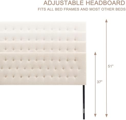 Tufted Upholstered Headboard Queen Size, Solid Wood Head Board with Durable Metal Legs, Adjustable Height Bed headboard from 37” to 51” Fabric Headboard in Modern Button Design, Beige