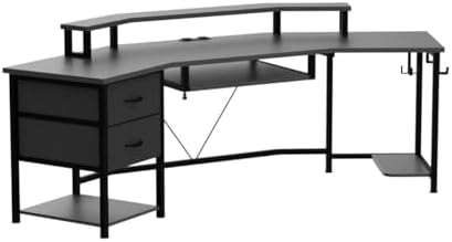 SEDETA 79" Gaming Desk, Computer Desk with 2 Fabric Drawers & LED Light, L Shaped Gaming Desk with Storage Shelf for Home Office, Carbon Fiber Black