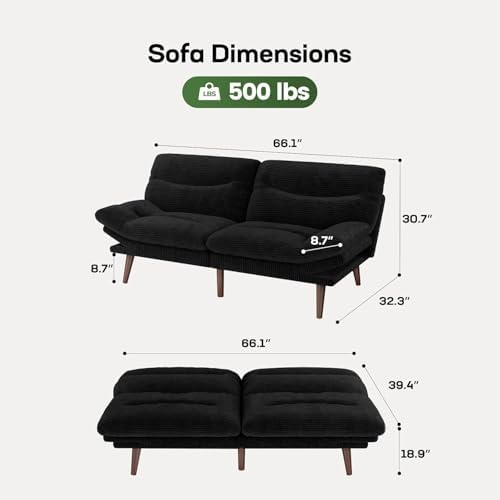 Marsail Futon Sofa Bed, 66” Futon Couch with Adjustable Backrest & Armrests, Convertible Small Sleeper Sofa Bed for Small Apartments, Study Room, Office, Corduroy Loveseat, Black