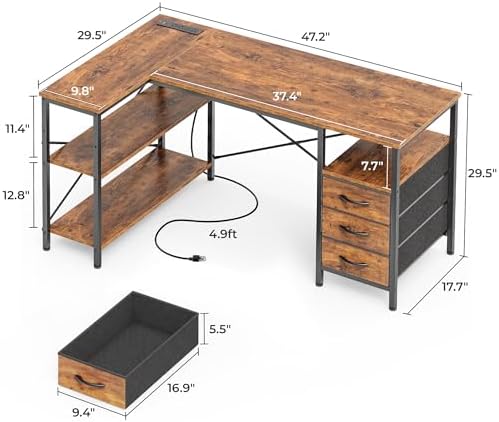 Huuger L Shaped Office Desk with Power Outlets, 47 Inch Computer Desk with 3 Drawers, Shelves, for Gaming, Corner Work, Home Office, Study, Rustic Brown