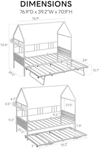 LIKIMIO Daybed with Trundle, House Bunk Twin Bed Frame with Storage,Day Sofa Bed for Living Room, Bedroom and Guest Room,White