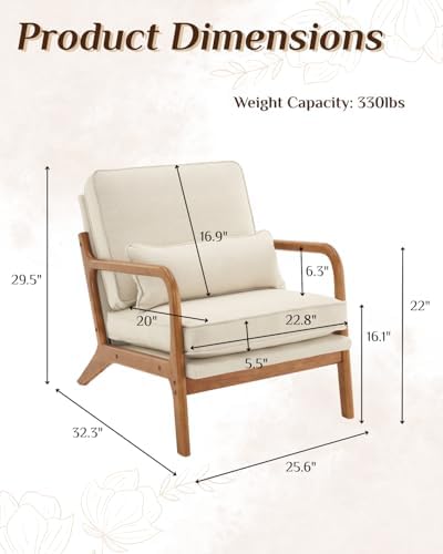 Karl home Accent Chair Mid-Century Modern Chair with Pillow Linen Fabric Upholstered Lounge Arm Chair with Solid Wood Frame & Soft Cushion for Living Room, Bedroom, Balcony, Beige