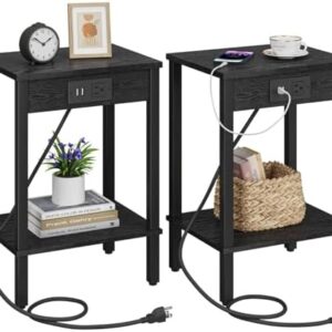 VIMBER Side Table with Charging Station, Set of 2 End Tables with USB Port and Outlets, Nightstands with 2-Tier Storage Shelves, Sofa Table for Small Space, Living Room, Bedroom Black 102B2