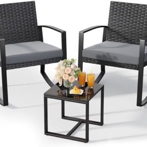 3 Pieces Outdoor Patio Furniture Set Rocking Bistro Set Outdoor Rattan Conversation with Coffee Table for Garden Balcony Backyard Poolside (Grey Cushion)