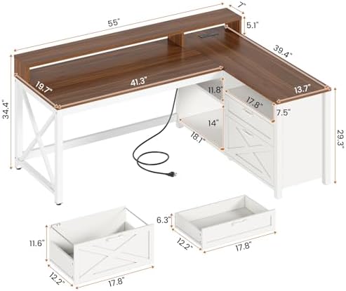SEDETA Farmhouse L Shaped Desk, 55" Home Office Desk with Drawers and Storage Shelves, L Shaped Gaming Desk with LED Lights, Power Outlet and Monitor Shelf, Brown