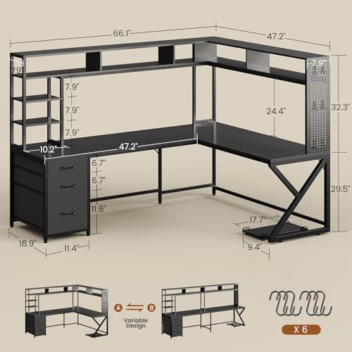 SEDETA L Shaped Gaming Desk with Storage Shelves and Hutch, Convertible 94.5" Computer Desk with Drawers, Corner Computer Desk with Power Outlet, LED Lights, Pegboard for Home Office, Black
