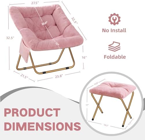 Comfy Saucer Chair for Adults, Foldable Living Room Chairs, Soft Faux Fur Lounge Chair for Bedroom, Reading Chairs, X-Large (Ottoman-Pink)