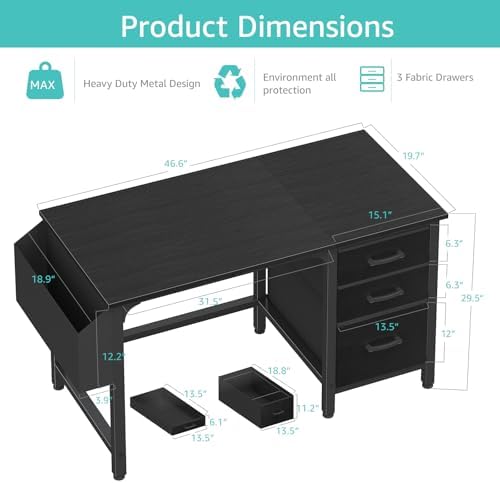 Lufeiya Computer Desk with File Drawers Cabinet, 47 Inch Reversible Home Office Desks with Filing Cabinet for Small Space, Gaming Study Writing Table PC Desks, Black