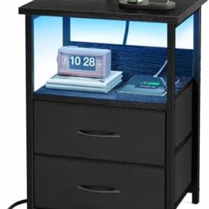 Fixwal Night Stand with Charging Station, LED Nightstand with U-S-B Ports and Outlets, 2 Fabric Storage Drawers with PU Finish, Small Bedside Table, Black