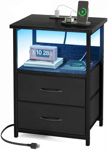 Fixwal Night Stand with Charging Station, LED Nightstand with U-S-B Ports and Outlets, 2 Fabric Storage Drawers with PU Finish, Small Bedside Table, Black