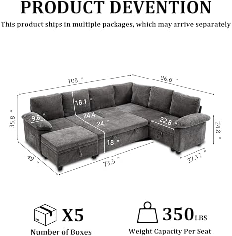 108 Inch Sectional Sleeper L Shaped Sofa with Pull Out Bed, 7 Seat Modular Sectional Sofa with Storage, Modern Chenille Cloud Couch, Sectional Couches for Living Room, Gray