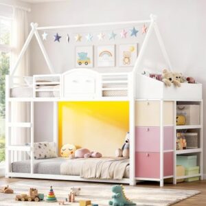 VIAGDO Bunk Bed Twin Over Twin with 3 Storage Drawers and Shelves, House Shaped Bunk Bed with Stairs and Guardrail, Metal Twin Floor Bed with LED Lights for Kids Teens Boys Girls, Dorm, Bedroom, White