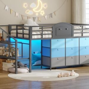 VIAGDO Low Loft Bed Twin Size with 9 Storage Drawers and LED Lights, Metal Twin Loft Bed with Stairway Shelf Storage, Low Loft Bed with Safety Guardrail and Under-Bed Hideaway for Kids, Grey