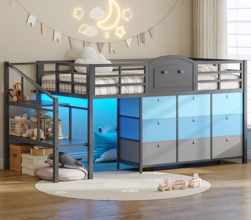 VIAGDO Low Loft Bed Twin Size with 9 Storage Drawers and LED Lights, Metal Twin Loft Bed with Stairway Shelf Storage, Low Loft Bed with Safety Guardrail and Under-Bed Hideaway for Kids, Grey