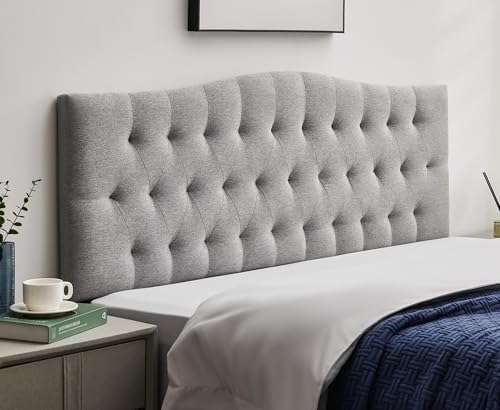 Tufted Upholstered Linen Fabric Queen Headboard Only, Headboard Queen Size with Adjustable Height from 38"–50",Durable Modern Diamond Design Wood Headboads, Light Gray