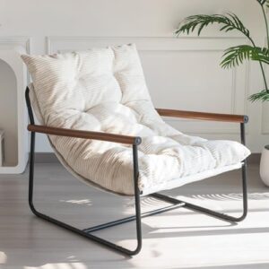 MAXYOYO Modern Accent Chair, Comfy Living Room Chair with Metal Frame Wooden Armrest, Upholstered Armchair with Soft Cushion for Bedroom Balcony Lounge Reading Room, Beige