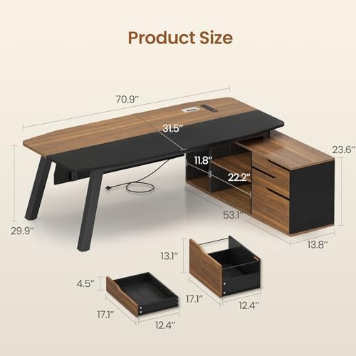 SEDETA 71" Executive Desk with File Cabinet, Large Office Desk with Drawers and Shelves, L Shaped Computer Desk with Power Outlets, Business Furniture Desk Workstation for Home Office, Walnut