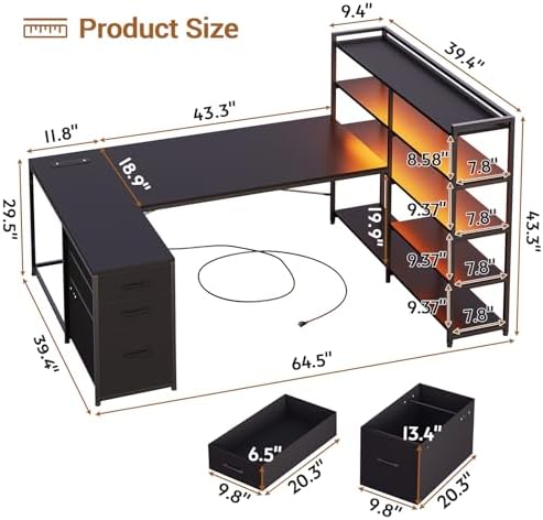 SEDETA L Shaped Gaming Desk, Reversible U Shaped Computer Desk with Power Outlet and Storage Shelves, Corner Gaming Desk with LED Lights, 3 Fabric Drawers, Black