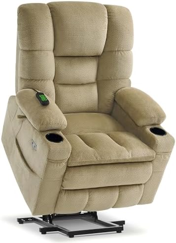 MCombo Large Triple Motor Power Lift Recliner Chair with Massage and Dual Heating, Adjustable Headrest for Tall Elderly People, Fabric 7634 (Beige, Large)