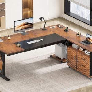 SEDETA 71" Executive Desk with Rolling File Cabinet, Large Office Desk with Drawers, L Shaped Computer Desk with Power Outlets, CPU Stand, Pegboard and Storage Shelves, Rustic Brown