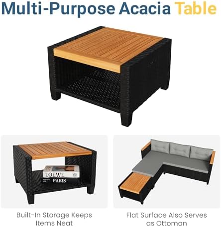 Wisteria Lane Small Patio Furniture Set, All-Weather PE Rattan Outdoor Sectional Sofa with Storage Table, L Shape Outdoor Couch with Cushions, 3 Piece Wicker Patio Furniture for Balcony, Grey