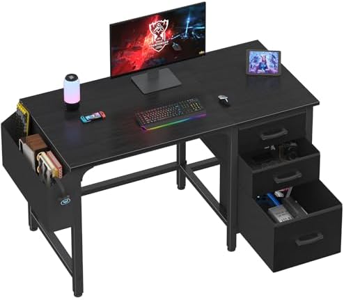 Lufeiya Computer Desk with File Drawers Cabinet, 47 Inch Reversible Home Office Desks with Filing Cabinet for Small Space, Gaming Study Writing Table PC Desks, Black