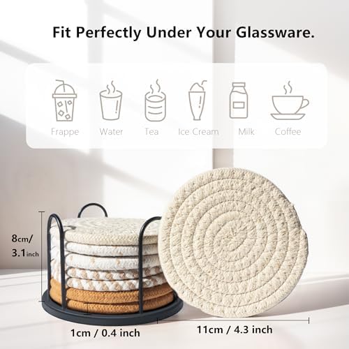 Coasters Set of 8 for Drinks, Beer, Coffee, Cotton Woven 4 Colors Absorbent Coaster with Holder, Boho Coasters for Home Decor Tabletop Protection Suitable for Kinds of Cups, Coffee