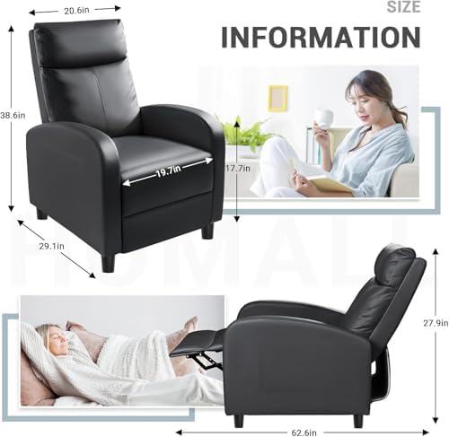 Homall Recliner Chair, Recliner Sofa PU Leather for Adults, Recliners Home Theater Seating with Lumbar Support, Reclining Sofa Chair for Living Room (Black, Leather)