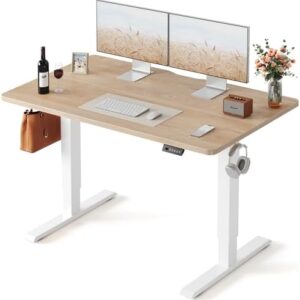 FEZIBO Standing Desk, 48 × 24 Inches Electric Height Adjustable, Sit and Stand Up, Computer Office Desk with Splice Board, White Frame/Maple TOP