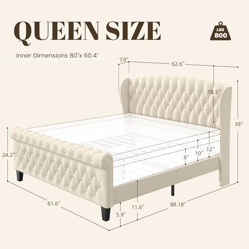 HISOFT Queen Platform Bed Frame, Velvet Upholstered Sleigh Bed with Wingback Tufted Headboard and Footboard, Quiet & Stable Support, No Box Spring Needed, Noise-Free Design, Easy Assembly, Beige