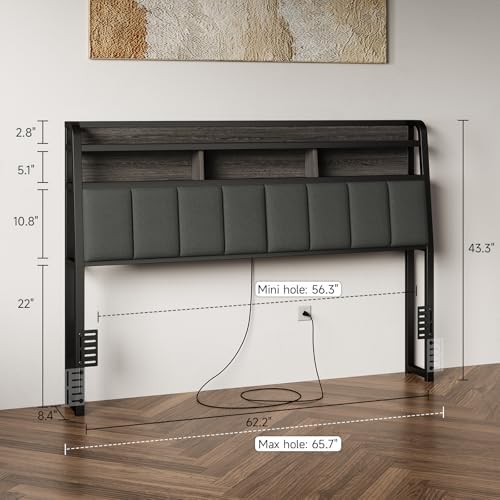 Queen Headboard Only with Storage, Upholstered Headboards for Queen Size Bed with LED Light, Charging Station, Height Adjustable, Sturdy and Stable Headboard, Black & Grey