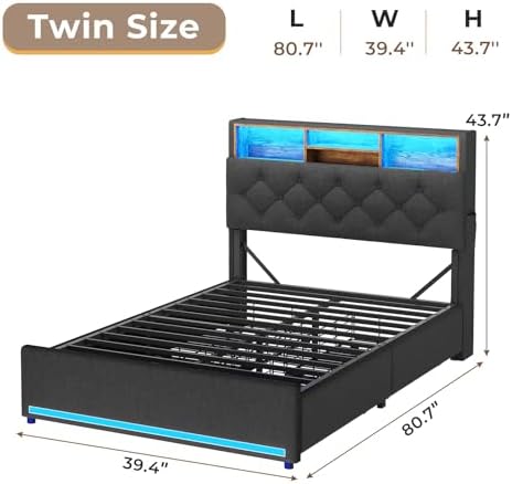 Twin Size Bed Frame with Hidden Storage Headboard and 4 Drawers, Upholstered Platform Bed Twin with LED Lights & Charging Station, No Box Spring Needed, Noise-Free, Dark Grey