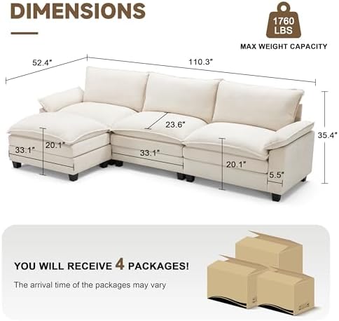 110.3 Inch Modular Couch Sectionals with Ottoman, Big Comfy Cloud Couches, L Shaped 4 Seat Modular Sectional Sofa, Modern Cloud Sectional Couches for Living Room, Deep Seat Sofa, Beige