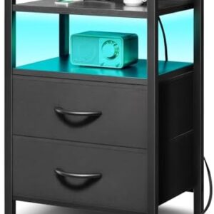 Night Stand Bedside Charger Bedroom - Nightstand with Charging Station & LED Light Strip, Night Stand with Storage Shelf & 2 Fabric Drawers, Morden End Table with U-S-B Ports & AC Outlets