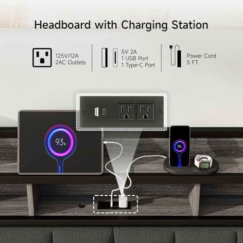 Queen Headboard Only with Storage, Upholstered Headboards for Queen Size Bed with LED Light, Charging Station, Height Adjustable, Sturdy and Stable Headboard, Black & Grey