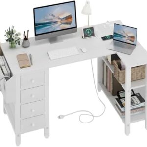 Lufeiya White L Shaped Computer Desk with Drawers & Storage Shelves, 47 Inch Corner Reversible Desk with Power Outlet for Home Office Bedroom, L-Shaped Teen PC Desks with Fabric Drawer, White