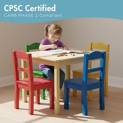 Humble Crew Kids Wooden Table and 4 Chairs Set, Natural/Primary - Kids Table and Chair Set for Toddlers and Children for Arts, Crafts, and Snack Time - Sturdy, Durable Toddler Activity Table