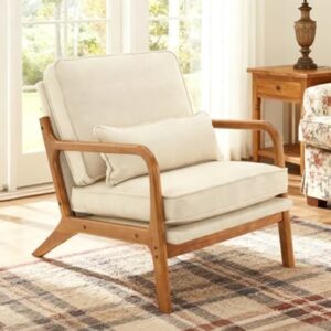 Karl home Accent Chair Mid-Century Modern Chair with Pillow Linen Fabric Upholstered Lounge Arm Chair with Solid Wood Frame & Soft Cushion for Living Room, Bedroom, Balcony, Beige