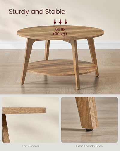 VASAGLE MAEZO Collection - Round Coffee Table, 2-Tier Center Table with Storage, Tapered Legs, Curved Transitions, 31.5 Dia. x 17.7 H Inches, Easy Assembly, for Living Room, Honey Brown ULCT243K41
