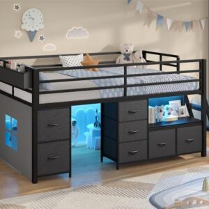 ADORNEVE Low Loft Bed Twin Size with 7 Storage Drawers, Bookcase and LED Lights, Metal Kids Loft Bed with 14" H Safety Guardrail,Inclined Ladder and Play Curtain, Under-Bed Play Space, Black