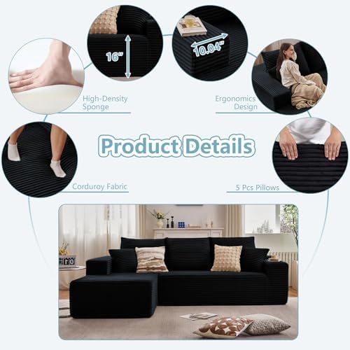 96" Cloud Sectional Couch with L-Shape Chaise, Modern Corduroy Boneless Couch for Living Room,Memory Foam Sofa with Deep Seat,No Assembly Required (Black,Left-Facing Chaise)