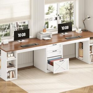SEDETA Farmhouse 96.5" Computer Desk with Drawers, 2 Person Home Office Desk, Gaming Double Desk with Storage Shelves, Long Two Person Writing Desk (White and Brown)